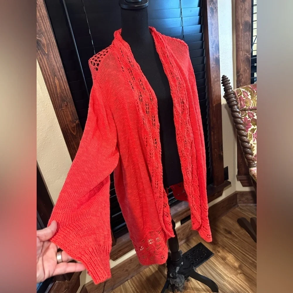 New Directions Long Open Knit Cardigan Coral Red 2X